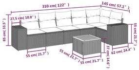 7 pcs conjunto sofás p/ jardim c/ almofadões vime PE cinzento
