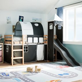 vidaXL Cama alta criança c/ torre 90x200 cm pinho maciço branco/preto