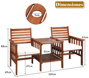 Conjunto jardim de 3 peças de mesa e cadeiras externas de madeira de acácia de 2 lugares com almofadas para pátio jardim branco