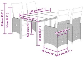 5 pcs conjunto bistrô de jardim c/ almofadões vime PE cinza