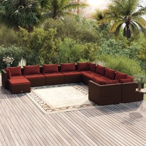 vidaXL 11 pcs conjunto lounge jardim c/ almofadões vime PE castanho