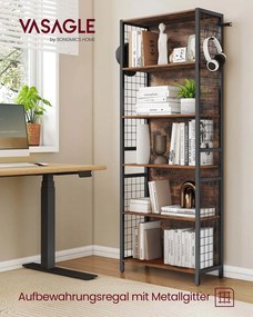 Estante com 5 prateleiras e ganchos em S 30 x 60 x 175,6 cm Castanho vintage + Preto