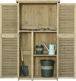 Armário de jardim, arrecadação para ferramentas com pés, 87 x 47 x 160 cm, 2 prateleiras, portas com persianas, telhado impermeável de asfalto, madeir