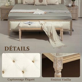 Banco aos Pés da Cama Capitonê, 115 x 40 x 43 cm, Revestimento com Aspeto de Linho, Creme