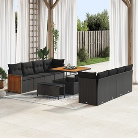 Conjunto de Sofá de Jardim vidaXL com 11 Peças e Almofadas Preto Vime