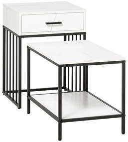 HOMCOM Conjunto Mesas Auxiliares Bancada Imitação Mármore Prateleira Gaveta Design Moderno 45x42x63,5cm Branco Preto