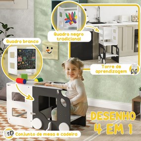 Torre de Aprendizagem 4 em 1 para Crianças em Forma de Carro Convertível em Mesa e Cadeira 58x46x92 cm Branco e Cinza