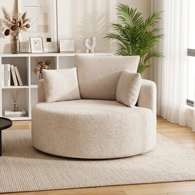 Pufe-poltrona 130 x 130 x 82 cm redondo em chenille, assento amplo, 2 almofadas, 1 encosto, 1 almofada cilíndrica, capacidade de carga de 250 kg, crem