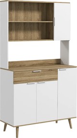 HOMCOM Armário de Cozinha Alto com 4 Portas, Prateleiras Ajustáveis, Gaveta e Compartimentos Abertos, 98x39x180 cm, Branco e Natural | Aosom Portugal