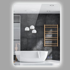 Espelho retangular de 80 x 60 cm com brilho ajustável, retroiluminado, tátil, inteligente, função de memória e design antiembaciamento Prateado