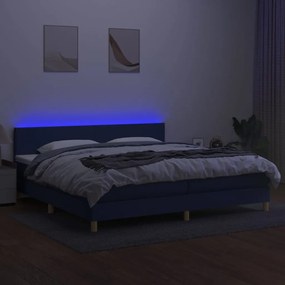 Cama box spring c/ colchão e LED 200x200 cm tecido azul