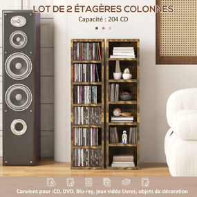 Conjunto de 2 estantes verticais para arrumação de CDs, com 12 compartimentos, 21 x 22,5 x 88,5 cm, capacidade para 204 CDs, castanho rústico