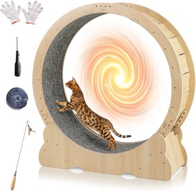 Roda de exercício grande 101 cm para gatos de interior com mecanismo bloqueável, pista almofadada e Estrutura de madeira para uma saúde natural,
