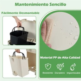 Caixote do lixo de 42 L com 2 baldes removíveis, gaveta com pedal e rodas para sala, cozinha e casa de banho, bege