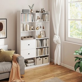 Estante para Livros Alta e Estreita com Painel Perfurado 2 Gavetas e 8 Compartimentos 120x30x200 cm Branco