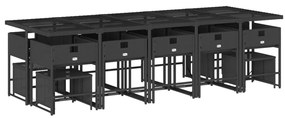 15 pcs conjunto de jantar p/jardim com almofadões vime PE preto