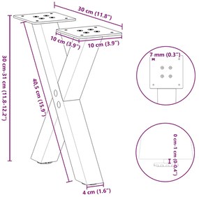 Pés para mesa de centro em formato de X, 2 peças, aço natural, 30x(30-