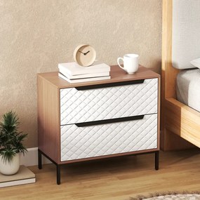 Cómoda com 2 Gavetas de Tecido Frentes com Padrão de Diamante 59,5x30x54 cm Móvel de Arrumação Madeira e Branco