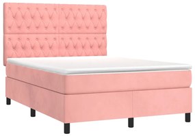 Cama box spring c/ colchão/LED 140x190 cm veludo rosa