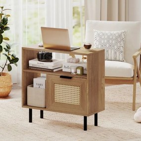Movel pequeno arrumação 60 x 25,5 x 59 cm em rattan com prateleira de arrumação e pernas em metal para espaços pequenos, sala ou quarto, natural