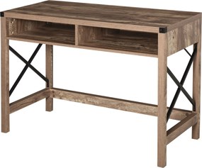 HOMCOM Secretária Design Industrial Tampo Grande 2 nichos Metal Preto Painéis Aglomerado Imitação Madeira Veios Castanho | Aosom Portugal