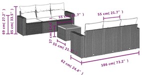 7 pcs conjunto sofás p/ jardim c/ almofadões vime PE cinzento