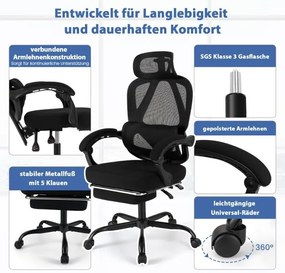 Cadeira de escritório ergonómica com apoio para os pés retrátil, cadeira de escritório com encosto ajustável Preta
