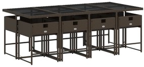 9 pcs conjunto jantar p/ jardim c/ almofadões vime PE castanho