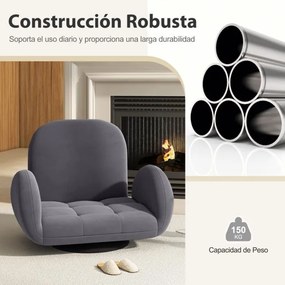Cadeira de chão giratória com esponja dobrável com encosto ajustável e apoios de braços Cadeira de braços Reclinável Cinzento