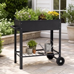 Floreira Elevada para Horta com Rodas, 88 x 37 x 80 cm, Estrutura Metálica, Preto