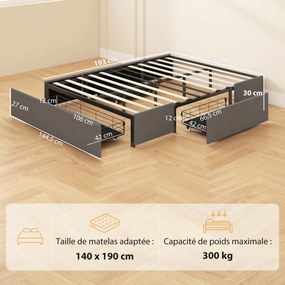 Cama com arrumação 140 x 190 cm (COLCHÃO NÃO INCLUIDO), estrutura de cama de casal estofada com 3 gavetas, base de ripas em LVL, silenciosa, cinzenta