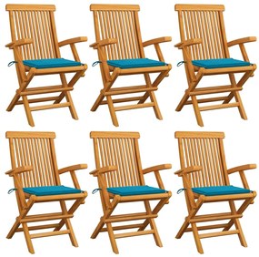 Cadeiras de jardim c/ almofadões azuis 6 pcs teca maciça