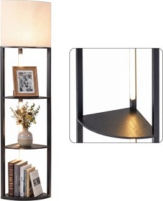 Candeeiro de pé moderno com prateleiras de 3 níveis Luzes LED reguláveis Abajur de linho Interruptor de pé para sala de estar ou quarto Preto
