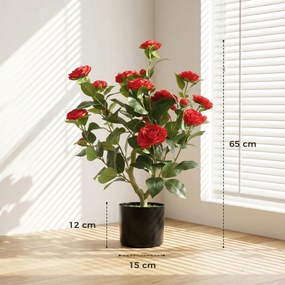 Planta Artificial de Camélia 65 cm com Flores Realistas de Seda 116 Folhas e Efeito de Musgo Vermelho