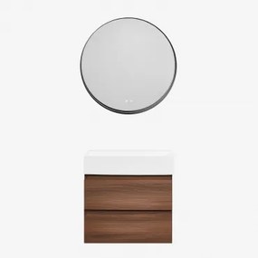 Conjunto De Móvel De Casa De Banho Suspenso Em Madeira E Folha De Freixo Com Lavatório Integrado Ona Madeira Escura & Redondo Led - Sklum