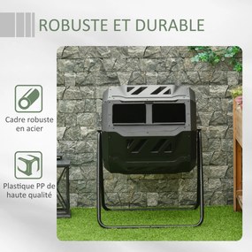 Compostor de jardim - Caixote de compostagem para resíduos - Rotativo a 360° - Dupla câmara 160 L - Aço PP preto
