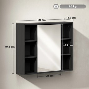 Móvel de casa de banho parede com espelho 60 x 14,5 x 49,4 cm, armário com portas e 6 compartimentos abertos, preto