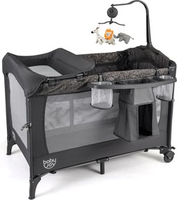 Berço Parque para Bebé 4 em 1, 110 x 68 x 55-75 cm, Dobrável, Cinzento