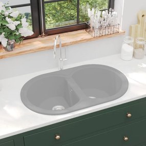 vidaXL Lava-louça cozinha cuba dupla oval granito cinzento