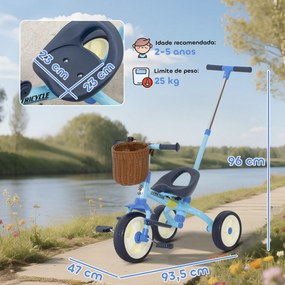 Triciclo para Bebés 2 em 1 Triciclo Evolutivo para Crianças com Barra Parental Ajustável Apoio para Pés Rebatível e Cesto 93,5x47x96 cm Azul