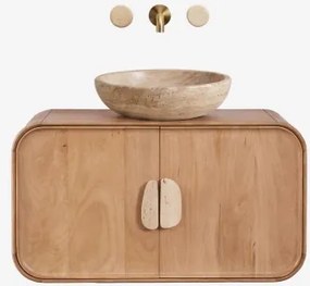 Conjunto De Móvel De Casa De Banho Suspenso 95x45 Cm Em Madeira De Manga E Pedra Natural Kivalina Travertino - Madeira De Mangueira & - Sklum