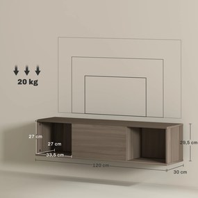 Armário de Parede Móvel para TV Suspenso com 2 Compartimentos Abertos e Porta Rebatível 120x30x29,5 cm castanho Escuro