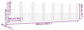 Cesto gabião em forma de U c/ 8 postes 860x20x200 cm ferro