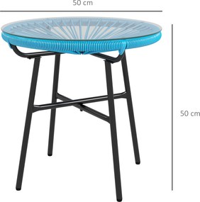 Mesa de centro redonda de jardim  Ø 50 x 50 cm (altura) em resina com acabamento em rattan e metal e tampo em vidro temperado, azul e preta