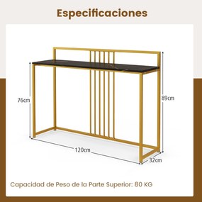 Mesa consola com tampo de mármore artificial Estrutura metálica dourada 120 x 32 x 89 cm Dourada e Preta