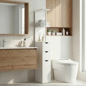 Móvel de coluna para casa de banho 15 x 33 x 136,5 cm, armário de casa de banho com gavetas e prateleiras abertas, branco