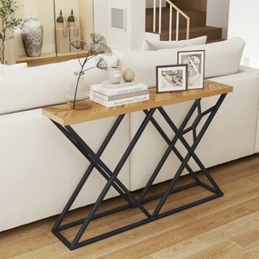 Mesa consola 140 x 29,5 x 90 cm em estilo rústico e industrial, com base metálica geométrica e tampo de madeira natural Natural e preta