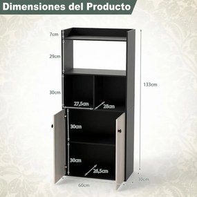Estante 60 x 30 x 133 cm de 5 níveis com prateleiras abertas e portas para quarto, sala de estar ou escritório Preto