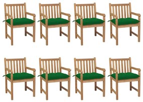 vidaXL Cadeiras de jardim c/ almofadões verdes 8 pcs teca maciça