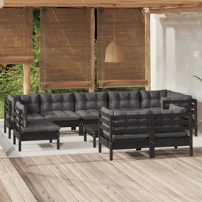 vidaXL 10 pcs conjunto lounge jardim c/ almofadões pinho maciço preto